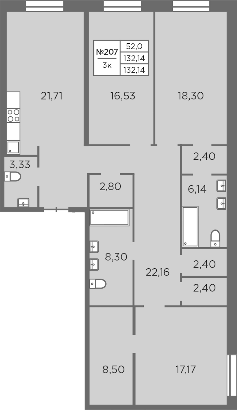 3-комнатная квартира 132.14 м², 2/8 эт., ЖК «Северная Корона»